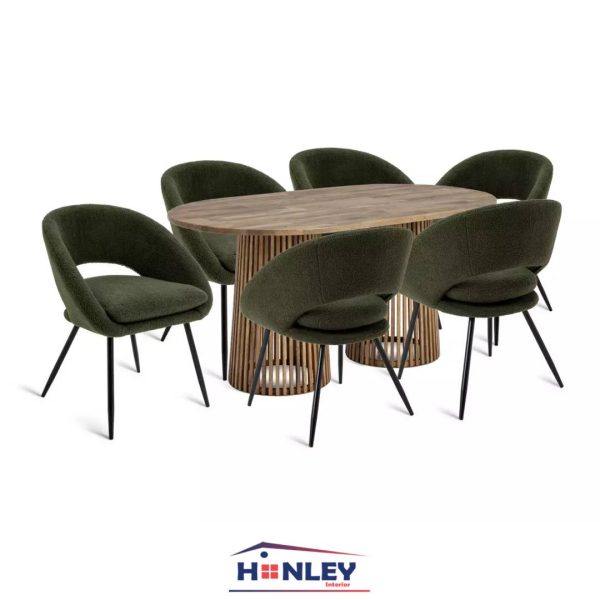 Seven Piece Modern Dining Table Set in Walnut Brown & Green