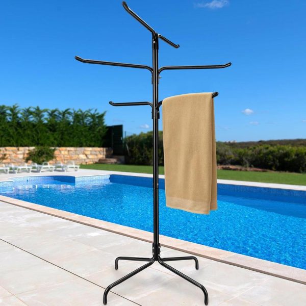 Pool Towel Rack Outdoor, Heavy Duty Freestanding Towel Holder Stand with 6 Bars & Stable Metal Base, 52-inch Tall Hot Tub Towel Hanger for Poolside, Spa, Bathroom, Sauna (Black)