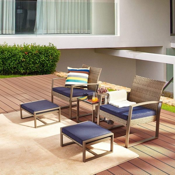 5-Piece Wicker Outdoor Conversation Set Patio Furniture PE Rattan All Weather Cushioned Chairs Balcony Porch with Ottoman and Glass Coffee Side Table