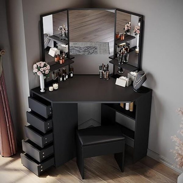ELEGANT Corner Dressing Table Black Makeup Desk with 3 Angle Mirror and 5 Drawers with Cushioned Stool