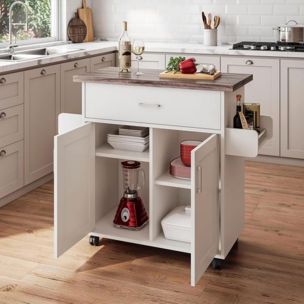 Mobile Kitchen Island Cart with Water Resistant Top and Storage Cabinets with Adjustable Shelves – Coffee Bar or Kitchen Cart with Towel Rack and Spice Rack and Locking Wheels