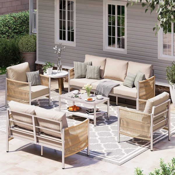 Outdoor Patio Furniture Set, HDPE Rope 5 Piece Modern Sectional Conversation Sets with Dual-Layer Coffee Table, All Weather Patio Couch Sofa with Thick Cushions, Silver Frame, Beige
