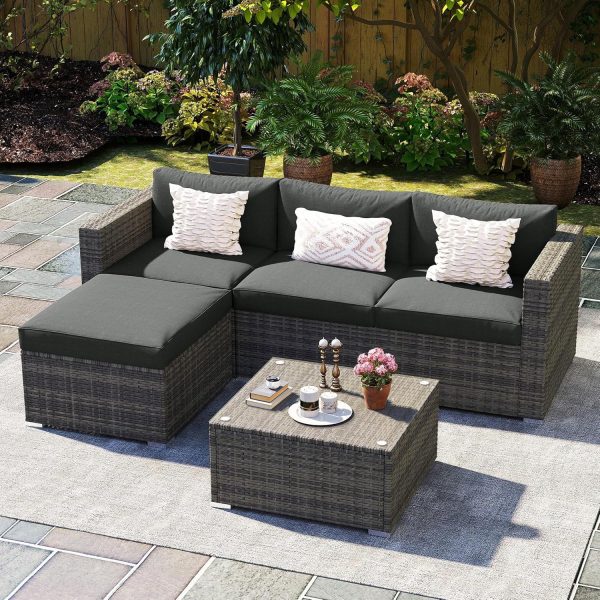 5 Piece Outdoor Patio Furniture Set, All Weather Wicker Rattan Sectional Sofa Conversation Set with Cushions & Large Glass Coffee Table, Ideal for Garden Backyard Porch Balcony, Grey