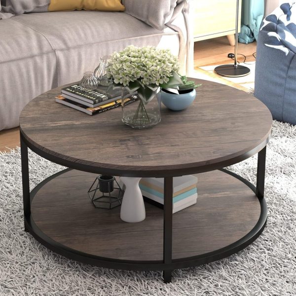 Round Coffee Table,36" Coffee Table for Living Room,2-Tier Rustic Wood Desktop with Storage Shelf Modern Design Home Furniture(Light Walnut)