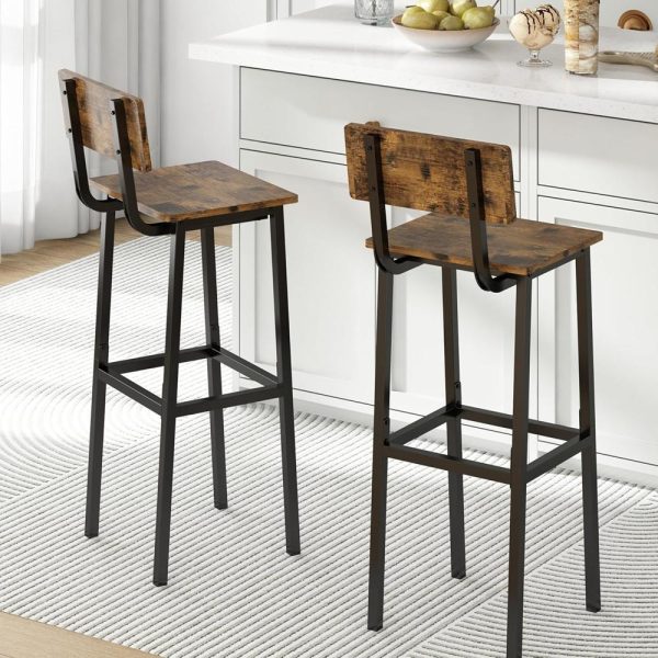 Set of 2 Bar Stools, Tall Bar Stool with Backrest and Footrest, Tall Bar Chairs, Industrial Style Counter Height Bar Stool for Dining Room, Kitchen, Rustic Brown