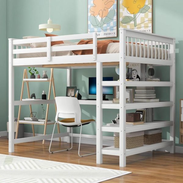 Full Size Loft Bed - Solid Pine Wood Bed Frame with Storage Shelves and Built-in Desk, Modern High Loft Bed with Safety Guardrails, Space Saving for Dormitory Apartment Bedroom Guest Room, White