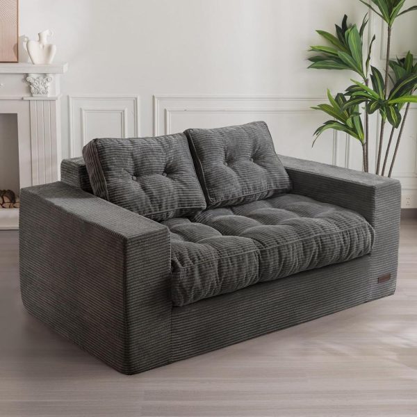 Bean Bag Chair for Adults, Upholstered Floor Sofa with Armrests, Loveseat Boneless Couch with Tufted Cushion & Backrest, Sofa in A Box, Large Bean Bag Couch for Bedroom Living Room, Dark Grey