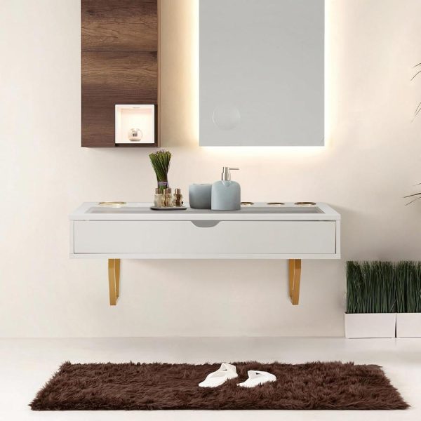 Floating White Shelf with Drawer, Wall Mounted Desk